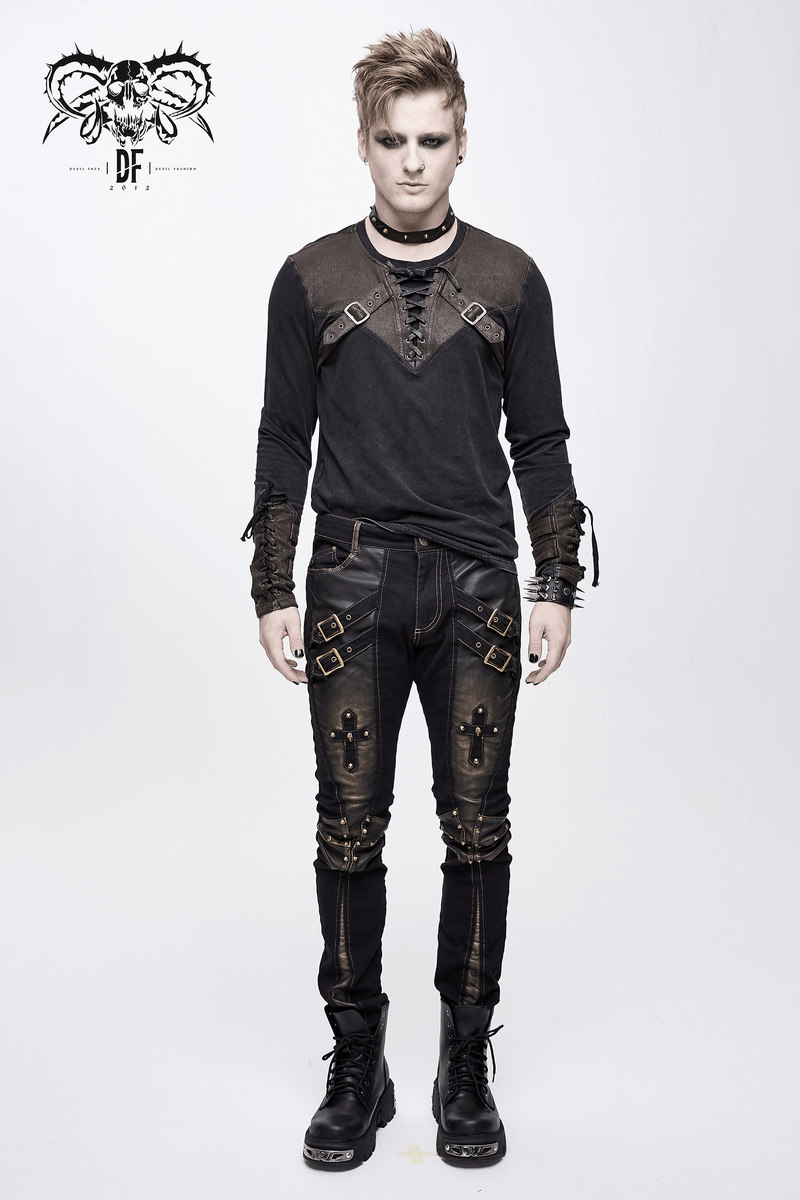 Men's punk style tight pants with dual buckle straps and stylish rivets, paired with a fitted top and boots.