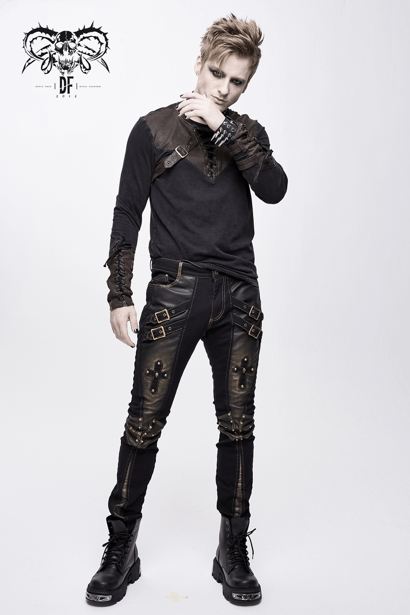 Men's punk style tight pants featuring dual buckle straps and bronze rivets for a bold gothic look.