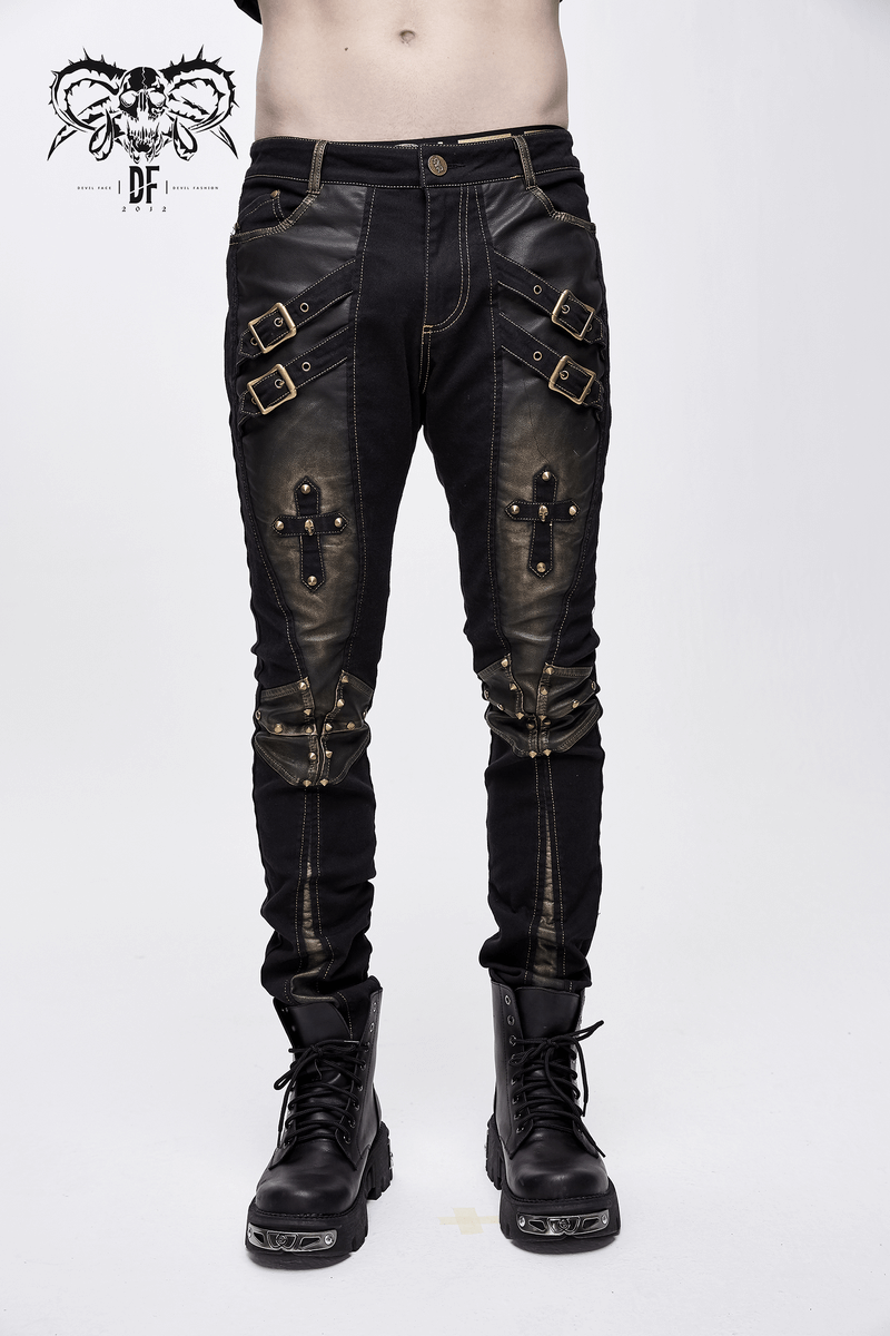 Men's fitted punk style tight pants with bronze rivets and dual buckle straps for a bold gothic look.