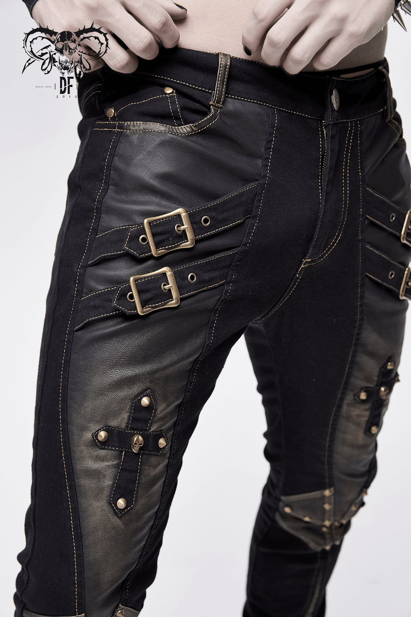 Men's studded tight pants with dual buckle straps and leather accents in gothic punk style.