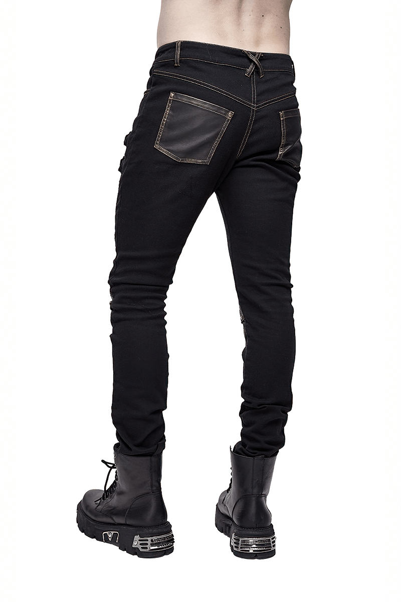 Men's Studded Tight Pants with Dual Buckle Straps / Gothic Style Trousers with Pockets - HARD'N'HEAVY