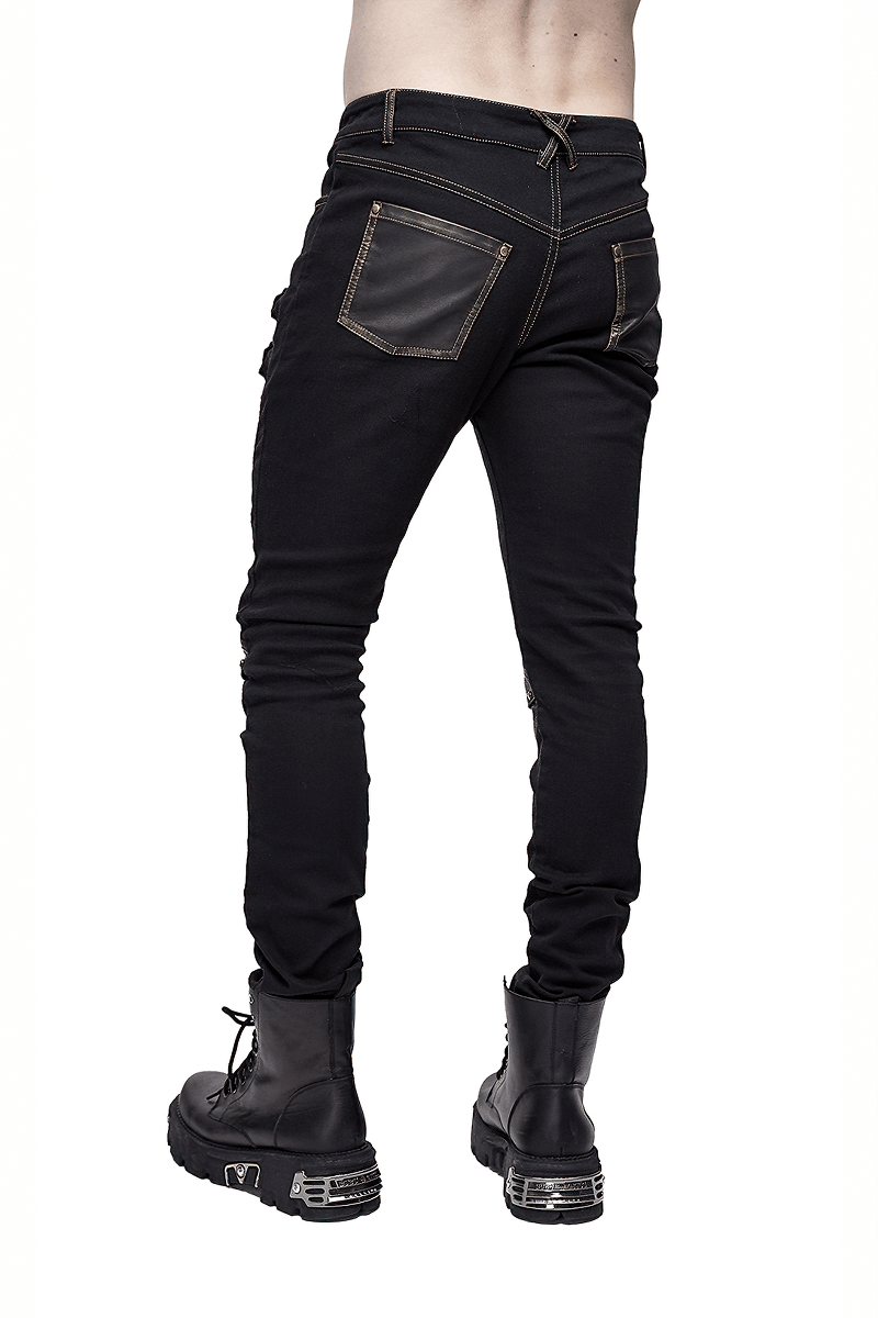Men's punk style tight pants with dual buckles and pockets, showcasing a fitted cut and bronze rivets, perfect for a gothic look.