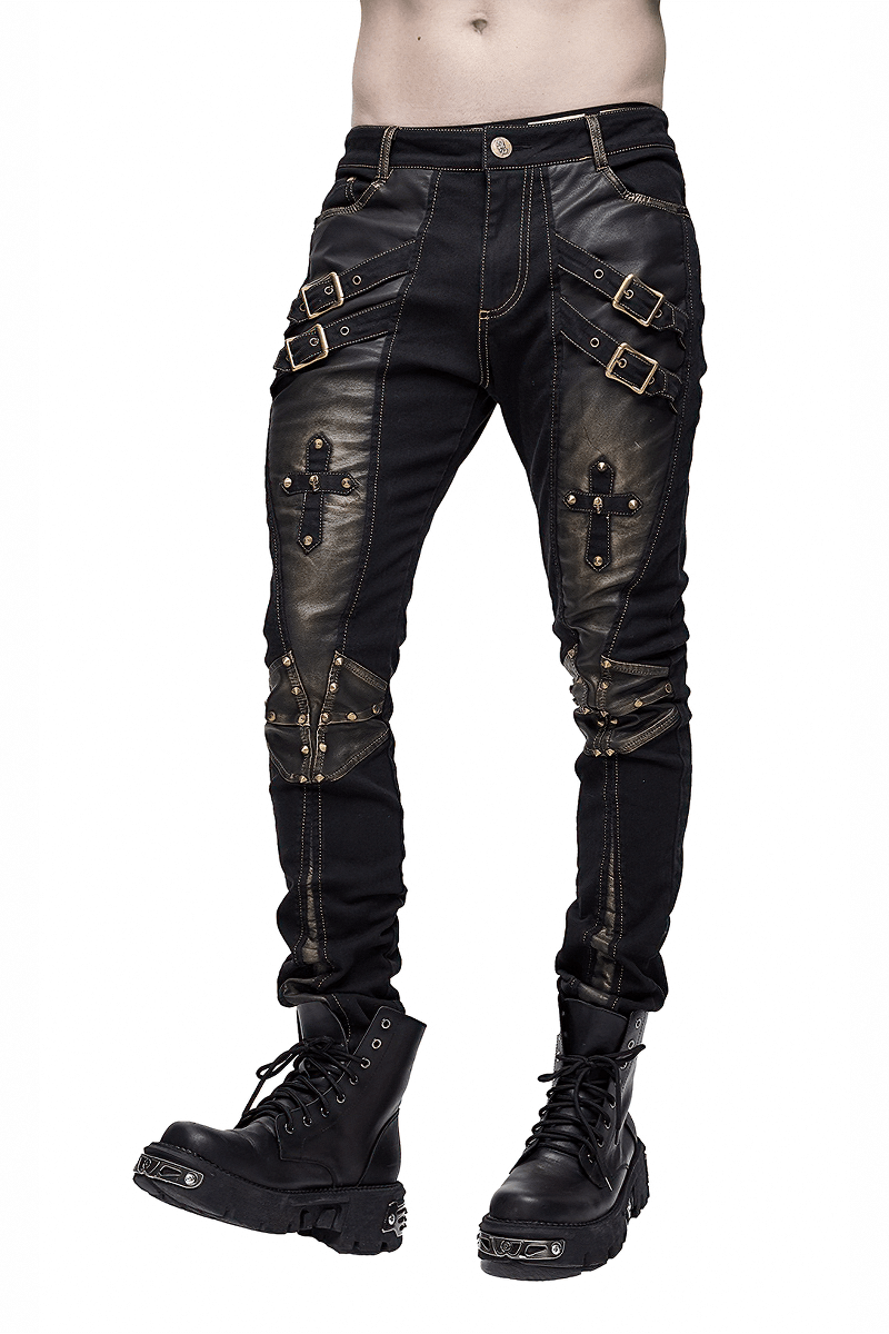 Men's Studded Tight Pants with Dual Buckle Straps / Gothic Style Trousers with Pockets - HARD'N'HEAVY