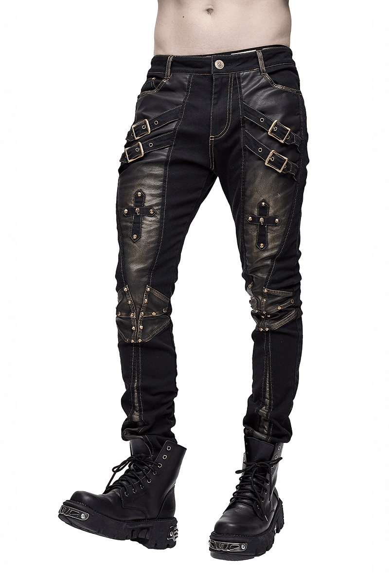 Men's punk style tight pants with dual buckle straps and bronze rivets for a trendy gothic look.