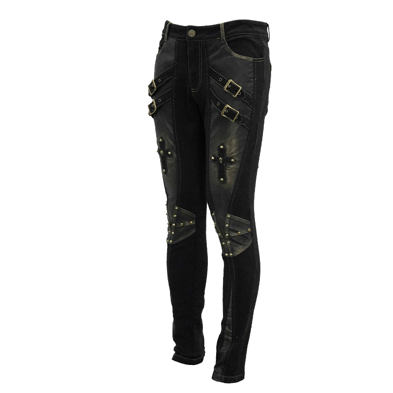 Men's gothic style tight pants with studded accents and dual buckle straps, perfect for punk fashion.