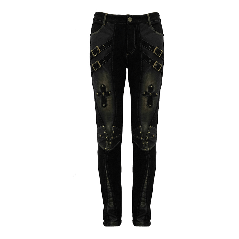 Men's punk style tight pants with dual buckle straps and bronze studs, perfect for a gothic wardrobe.