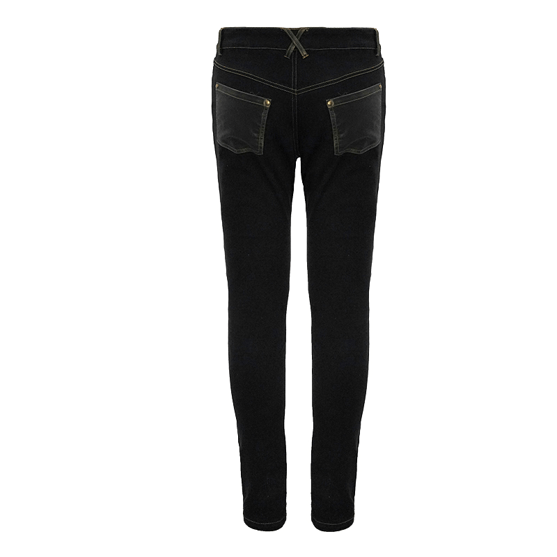 Men's black studded tight pants with dual buckle straps, stylish and fitted for a punk rock vibe.