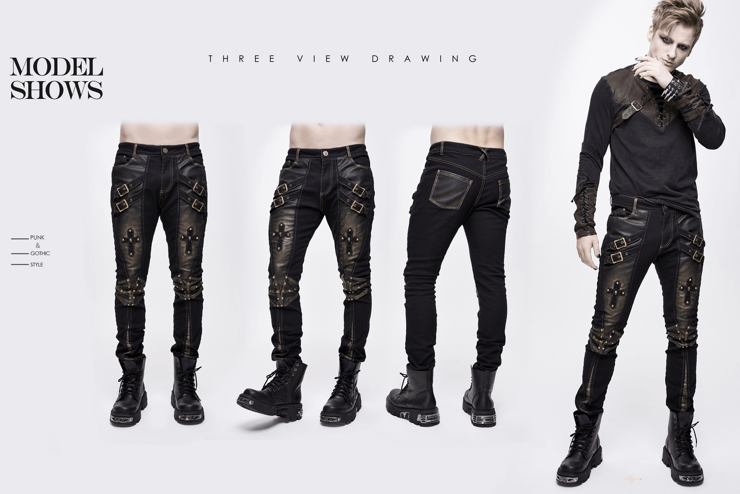 Men's punk style tight pants with dual buckle straps, bronze rivets, and three view angles showcased.
