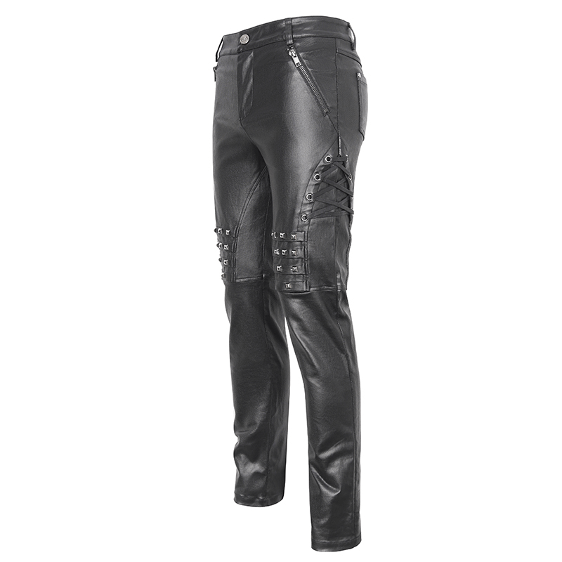 Men's black leather biker pants with metal accents for a bold, edgy look.