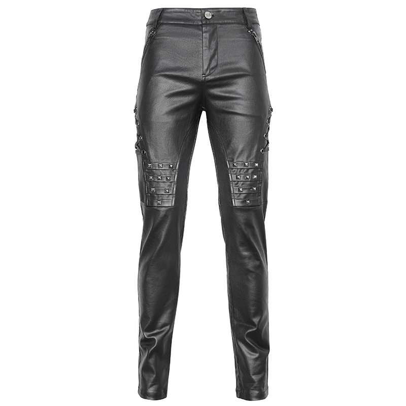 Men's black leather biker pants with metal accents, perfect for edgy fashion lovers.