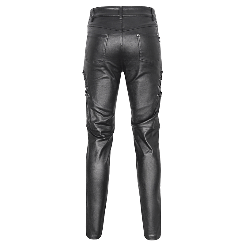 Back view of men's stylish black leather biker pants with metal accents, perfect for edgy fashion enthusiasts.