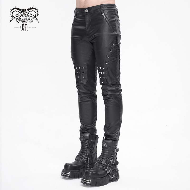 Men's stylish black leather biker pants with metal accents, perfect for edgy, bold fashion.