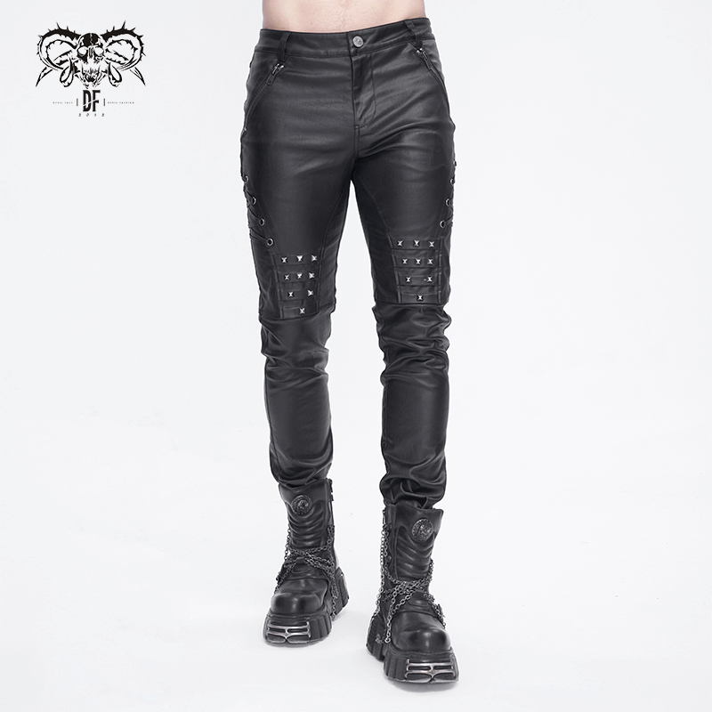 Men's black leather biker pants with metal accents, perfect for edgy fashion lovers.