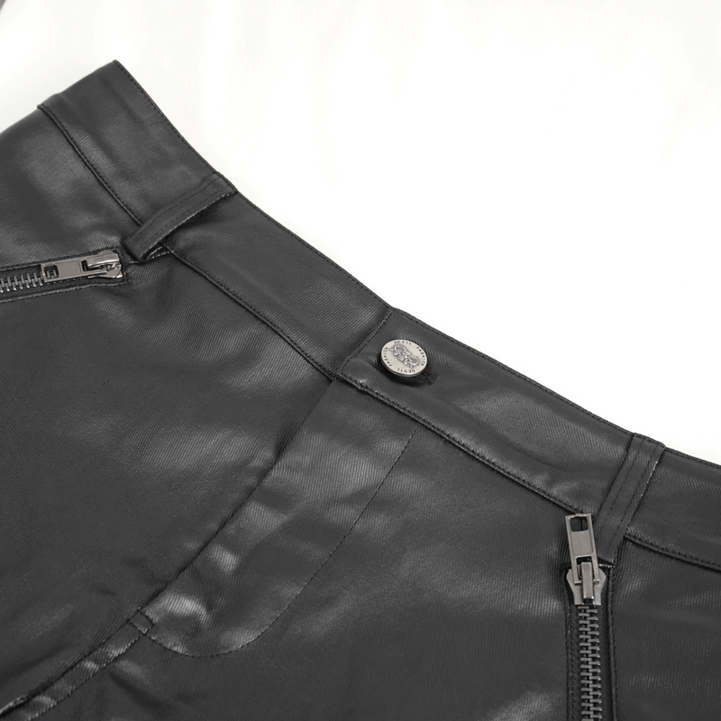 Close-up of men's stylish black leather biker pants showcasing metal accents and zippers.