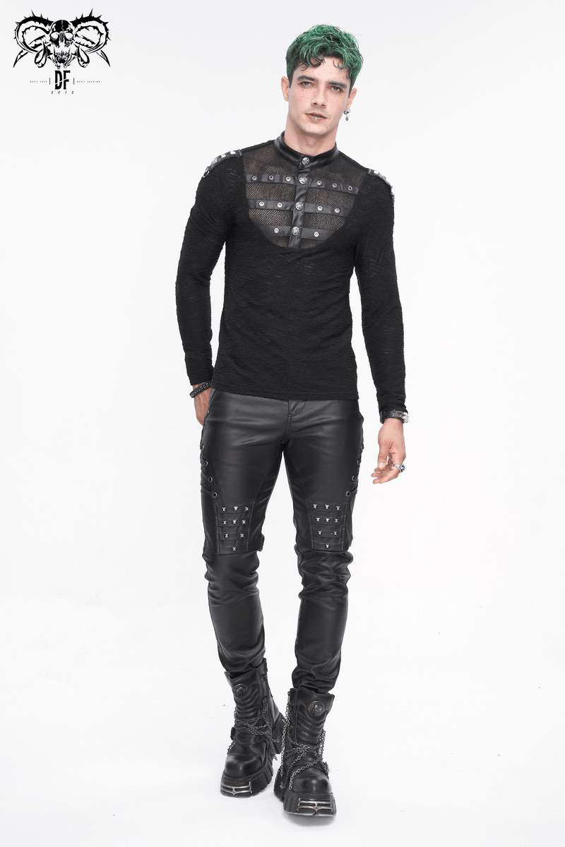 Men's Stylish Black Leather Biker Pants with Metal Accents - HARD'N'HEAVY
