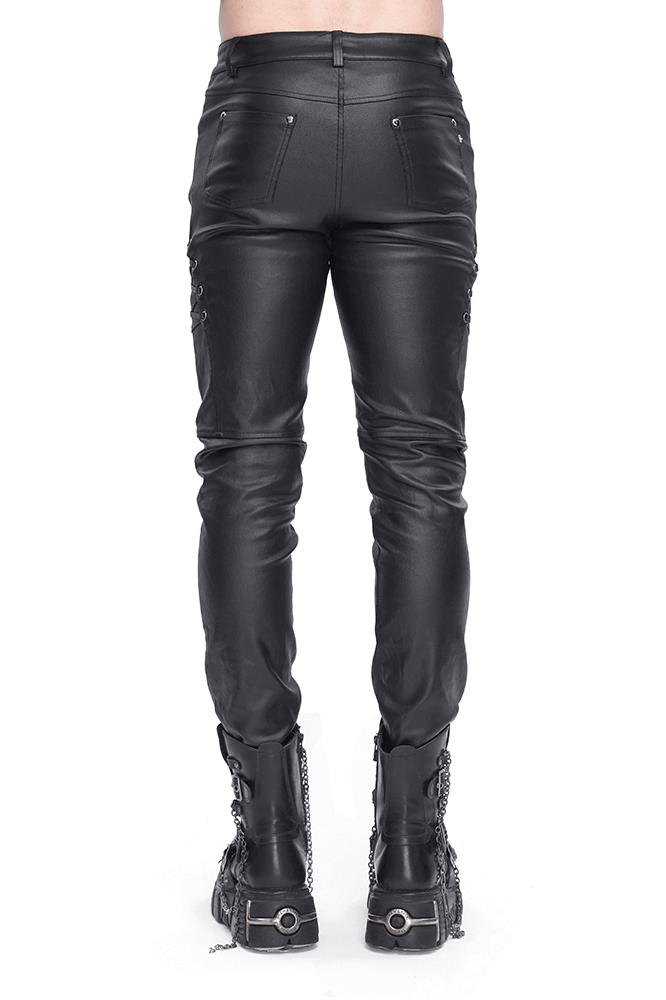 Men's Stylish Black Leather Biker Pants with Metal Accents