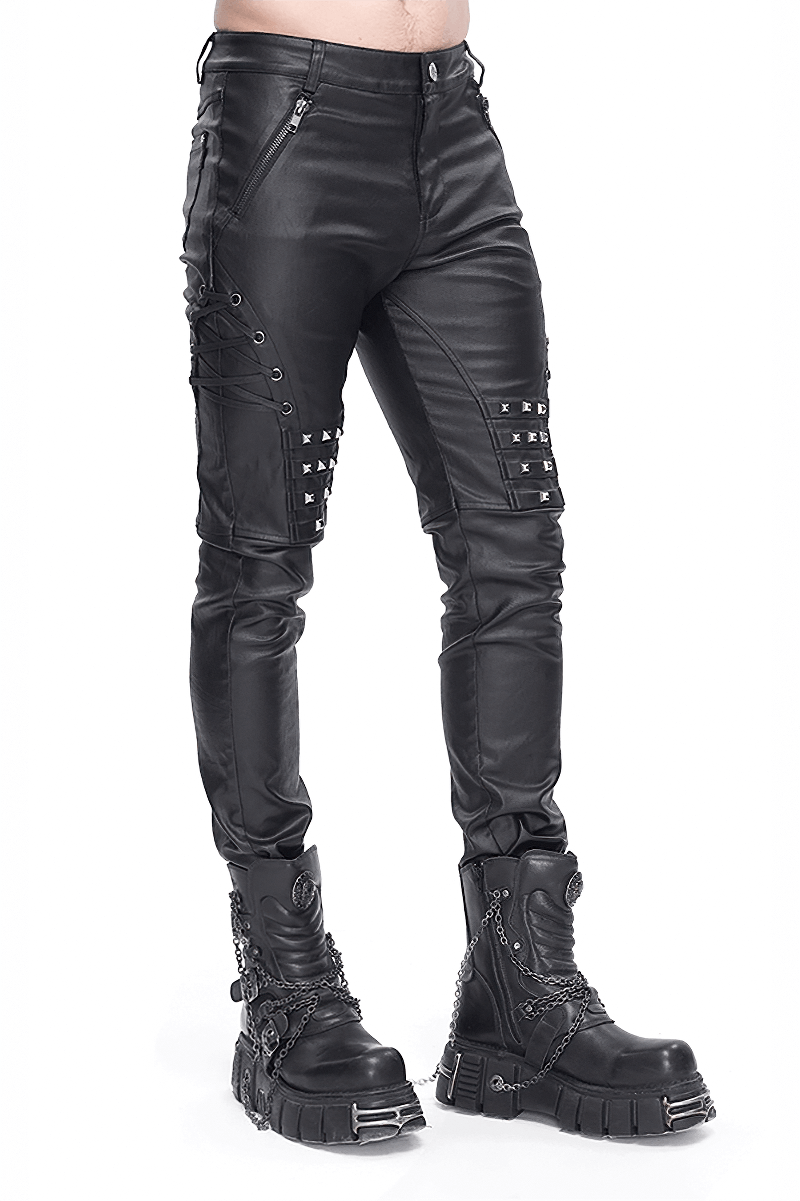 Men's black leather biker pants with metal accents, designed for a bold, edgy style and comfort.