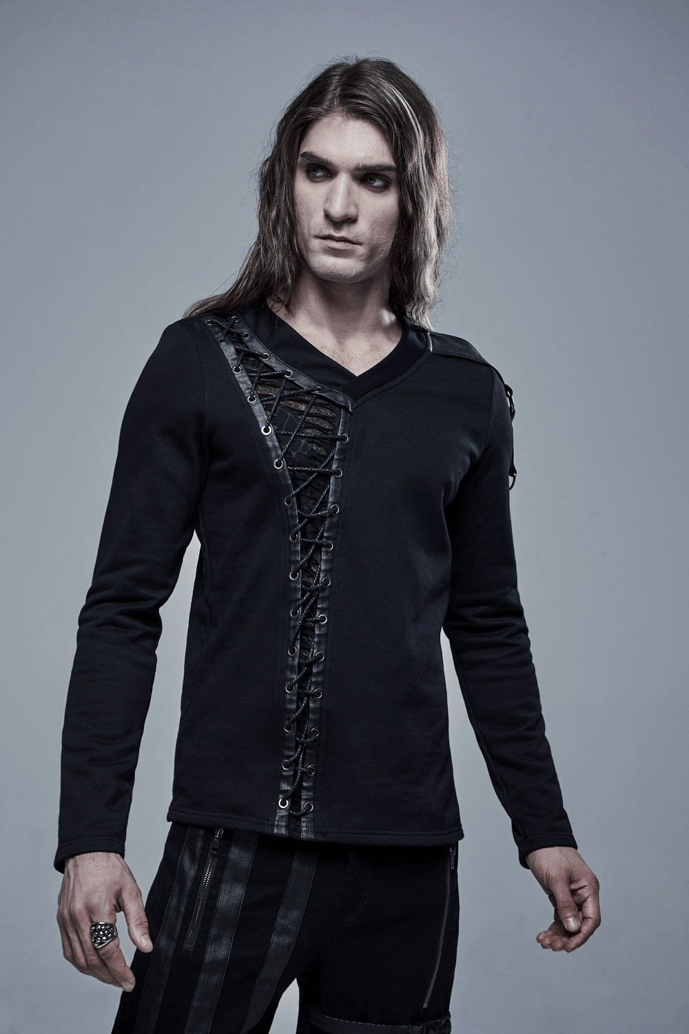 Men's Stylish Gothic Lace-Up V-Neckline Sweatshirt - HARD'N'HEAVY