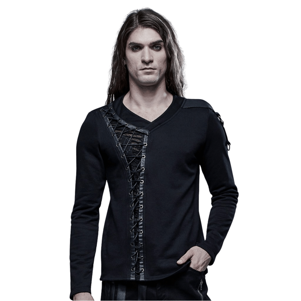 Men's Stylish Gothic Lace-Up V-Neckline Sweatshirt - HARD'N'HEAVY