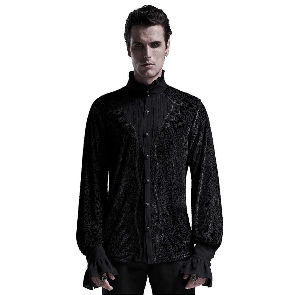 Men's stylish Victorian-inspired lace-up gothic shirt in luxurious black velvet with intricate designs.