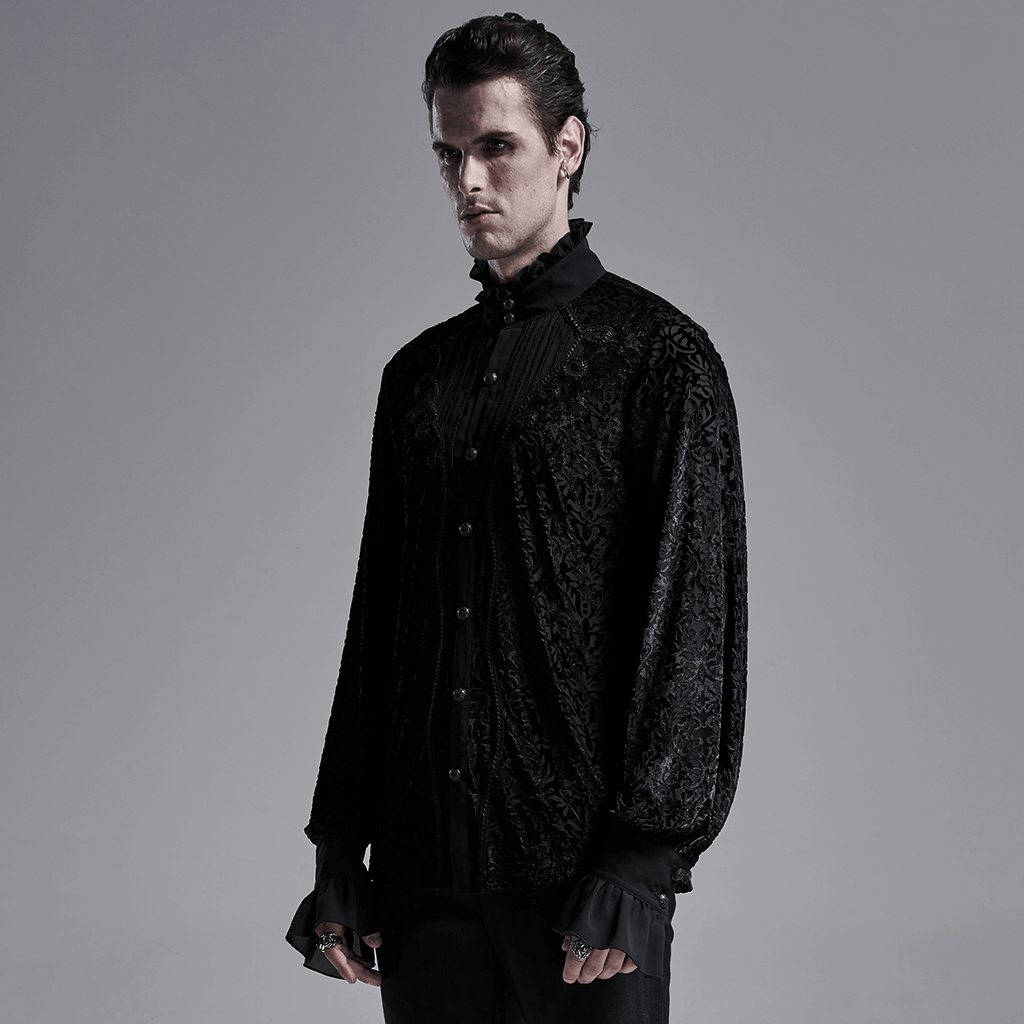 Men's Victorian-inspired gothic lace-up black velvet shirt with intricate floral design and elegant forked cuffs.