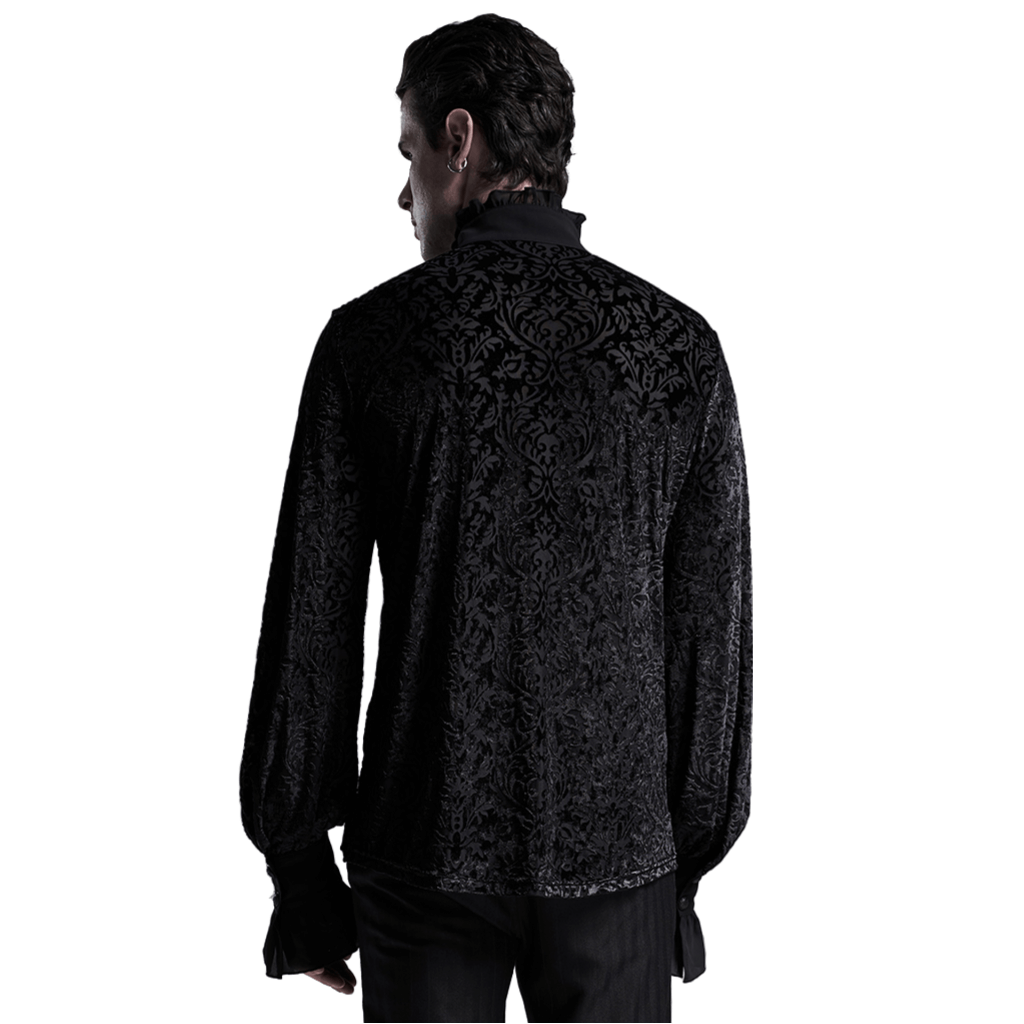 Men's Victorian-inspired gothic shirt featuring intricate black jacquard design and stylish forked cuffs.