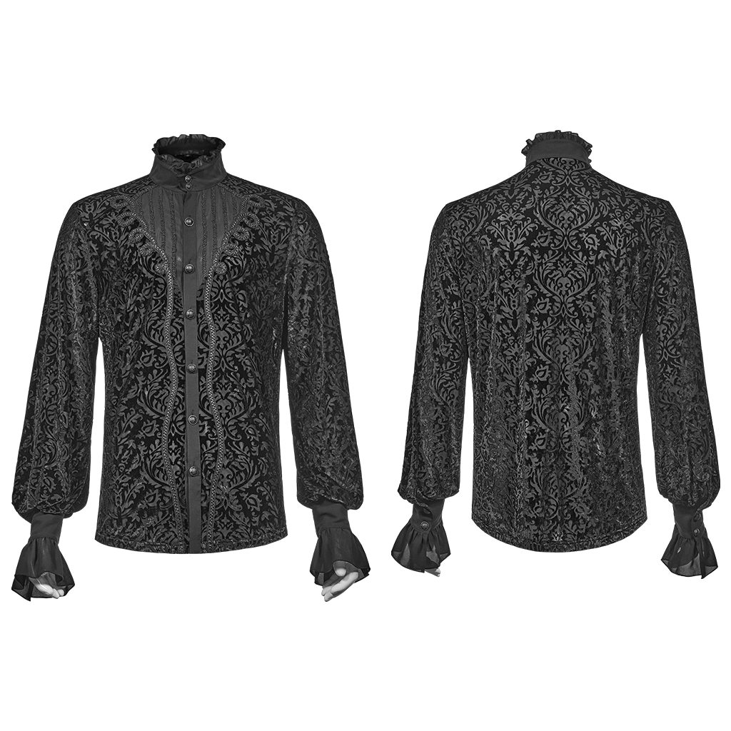 Men's Victorian-inspired lace-up gothic shirt with intricate flower design and forked cuffs.