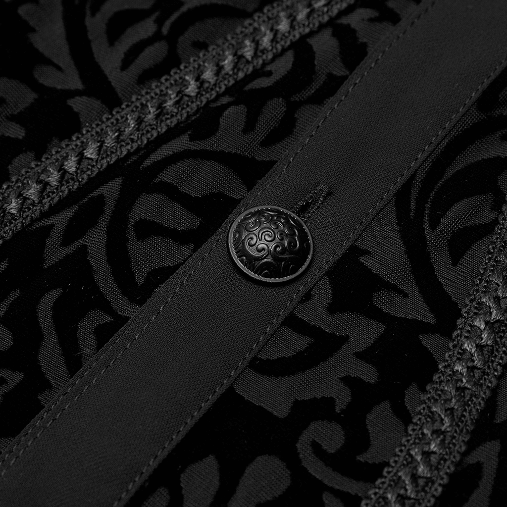 Close-up of intricate black button detail on men's Victorian-inspired gothic shirt with velvet jacquard fabric.