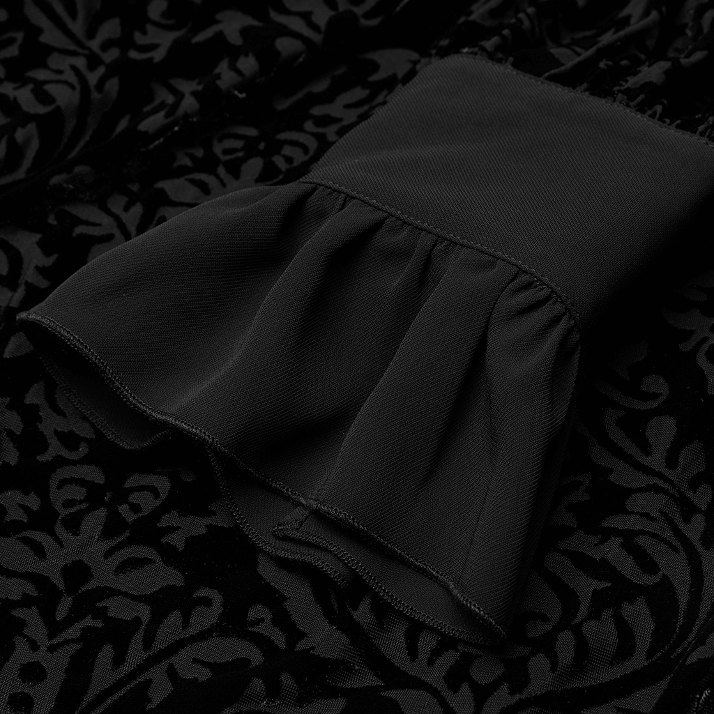 Close-up of the unique forked cuff detail on a men's gothic lace-up shirt, showcasing elegant ruffles and luxurious fabric.