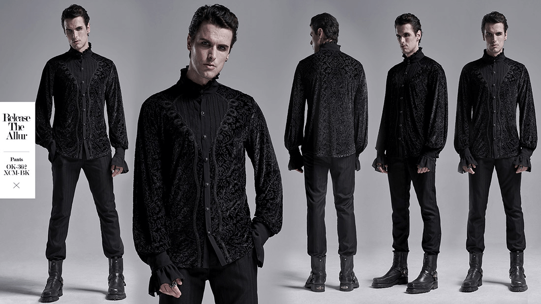 Men's Victorian-inspired lace-up gothic shirt featuring intricate floral design and forked cuffs.