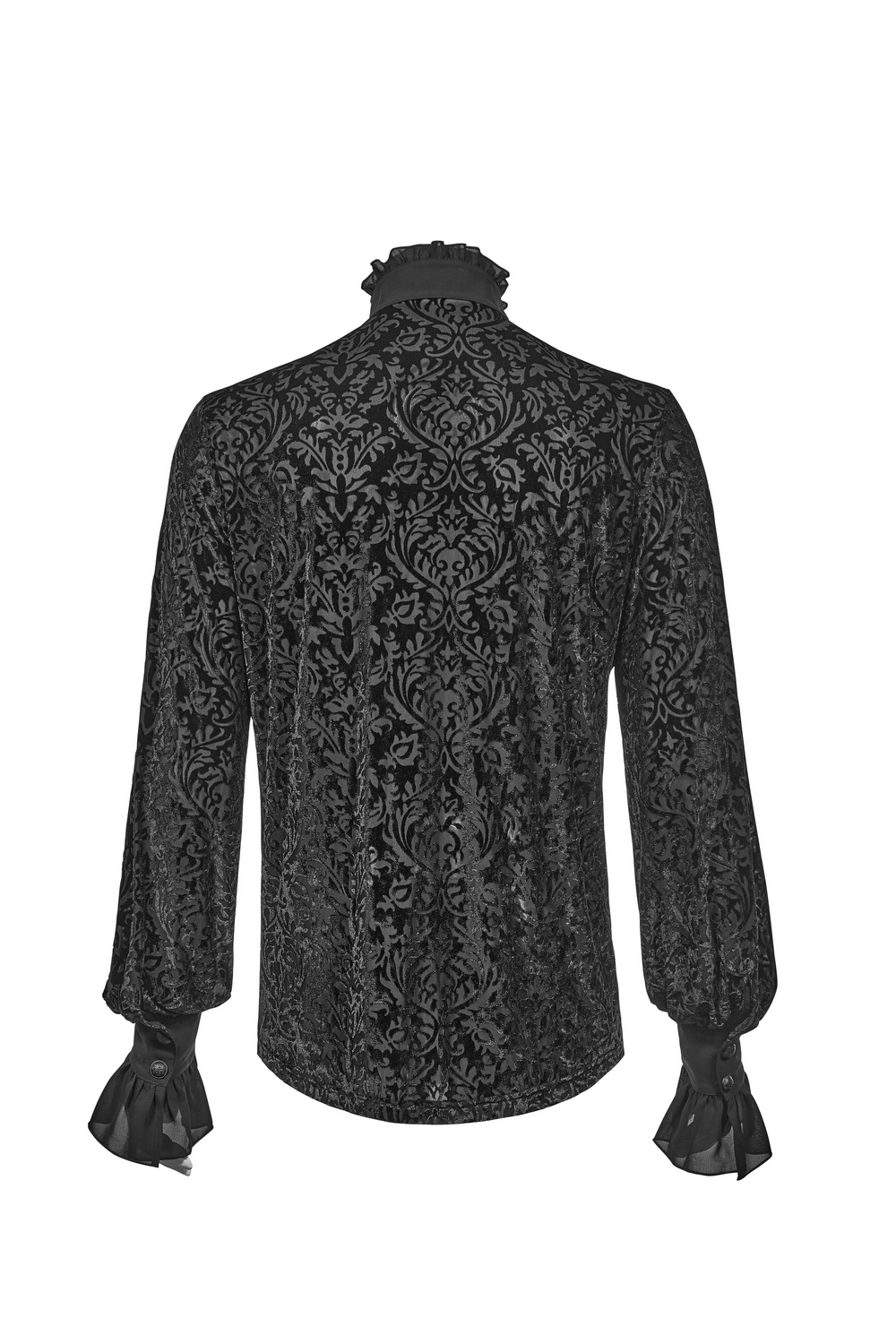 Men's Victorian-inspired lace-up gothic shirt showcasing intricate velvet design and elegant forked cuffs.