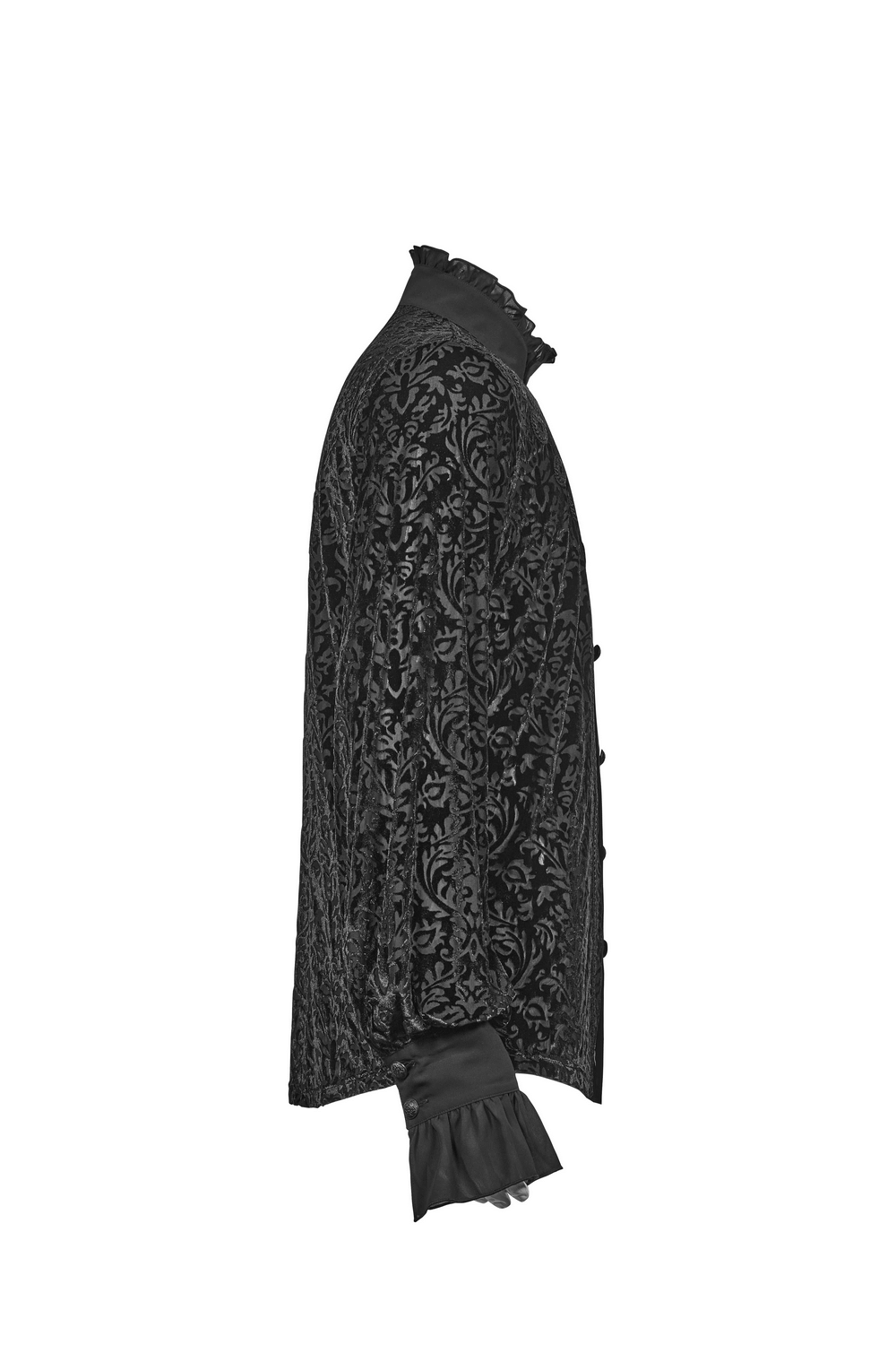 Men's gothic lace-up shirt in black velvet with intricate floral design and elegant forked cuffs.