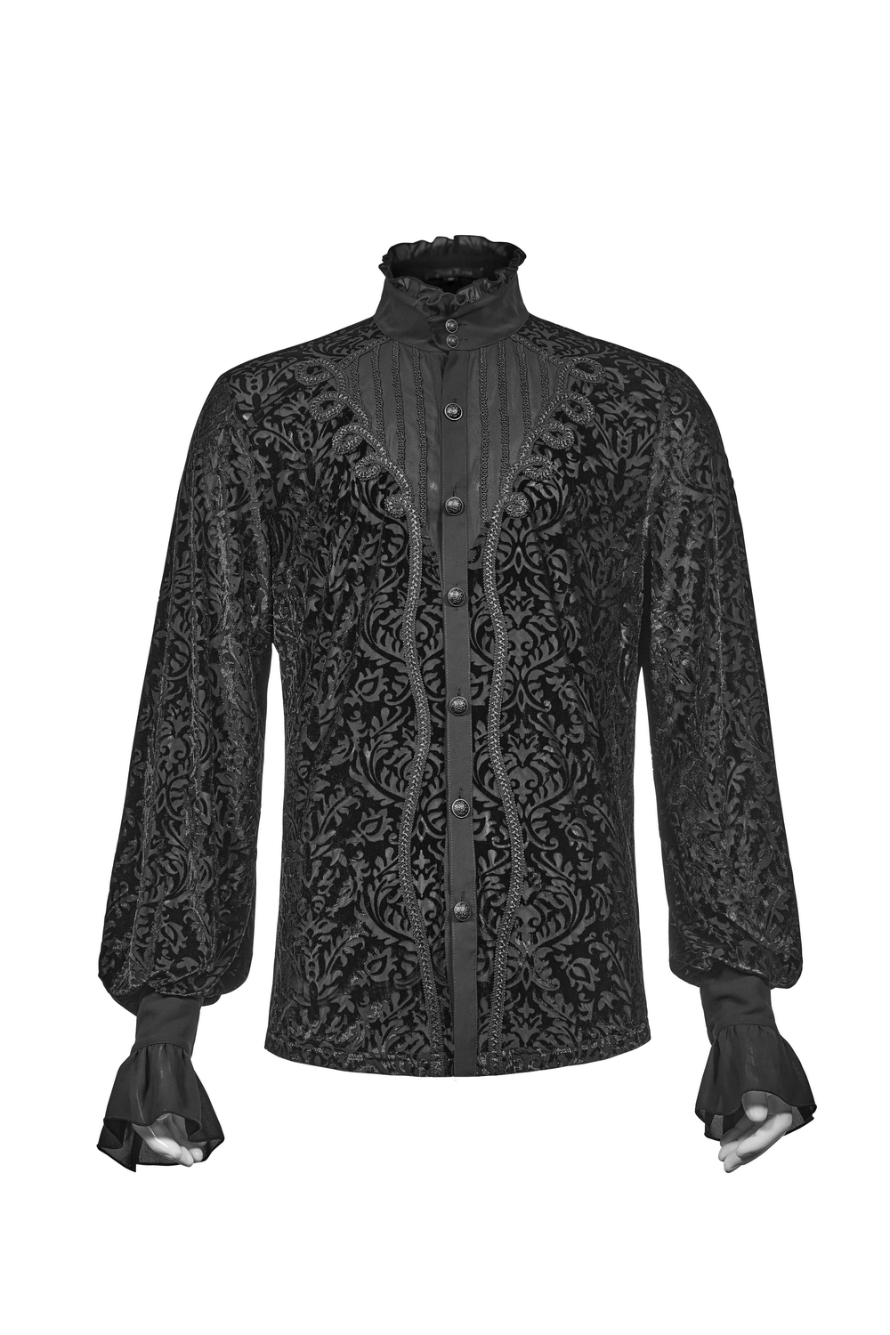 Men's Victorian-inspired gothic lace-up shirt in black velvet with intricate floral design and forked cuffs.