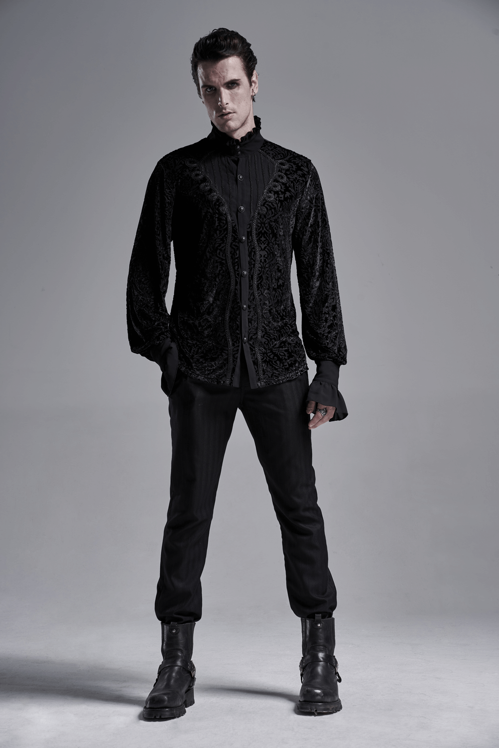 Men's gothic lace-up shirt in velvet with intricate design, styled for a dramatic Victorian-inspired look.