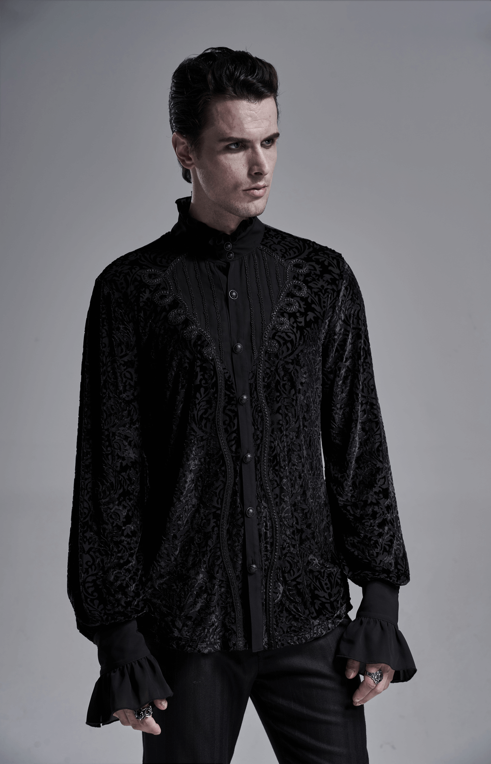 Men's gothic lace-up shirt in black velvet with intricate floral design and stylish forked cuffs.