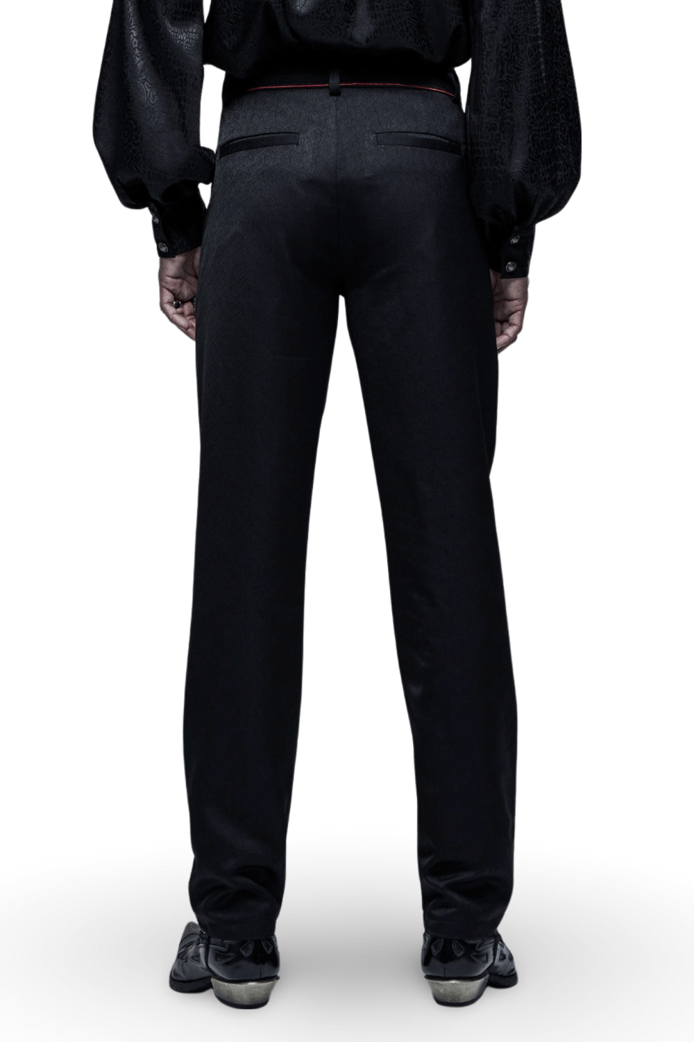 Men's tailored gothic trousers showcasing bat accents from the back, featuring a sleek silhouette and dark aesthetic.