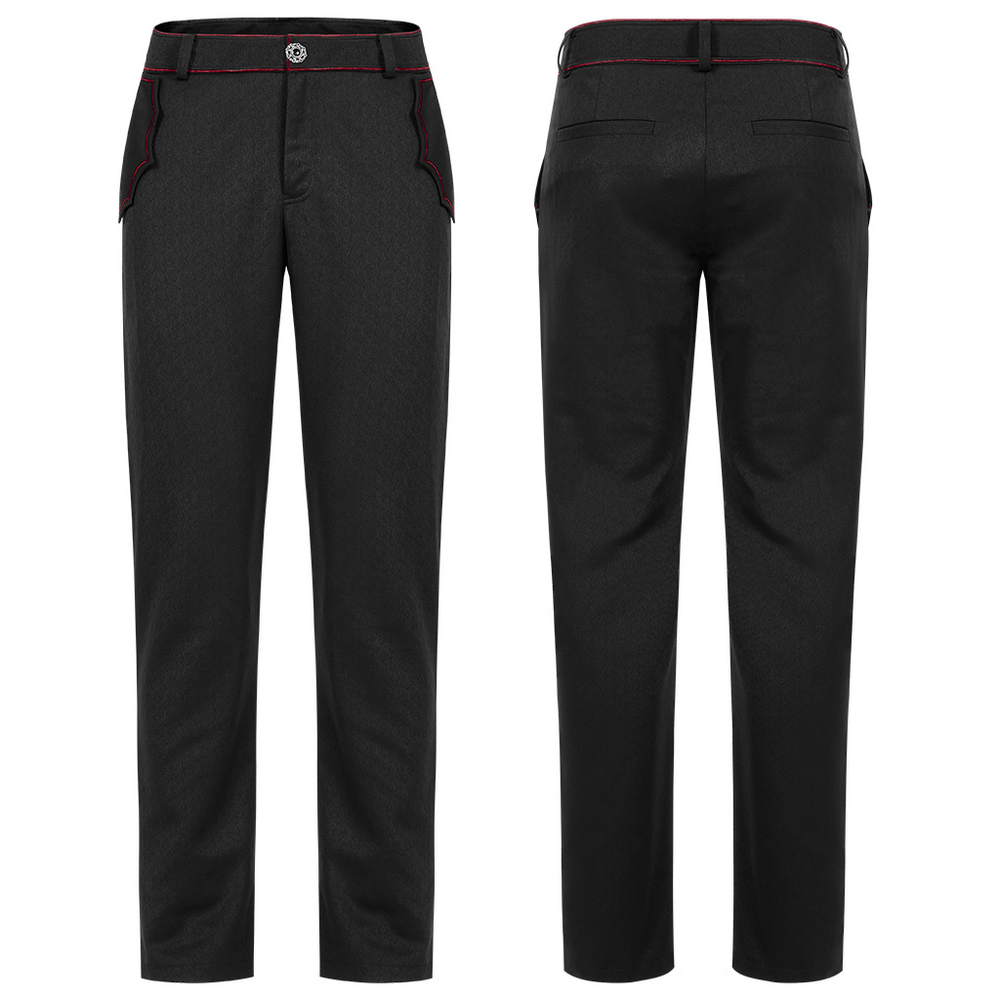 Men's tailored Gothic trousers featuring embroidered bat accents and dark red stitching, showcasing a sleek silhouette.