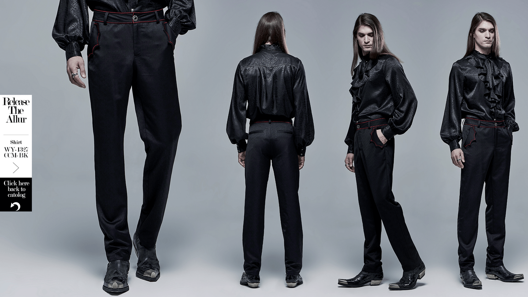 Men's tailored gothic trousers with bat embroidery, styled with a dark aesthetic shirt and polished shoes.