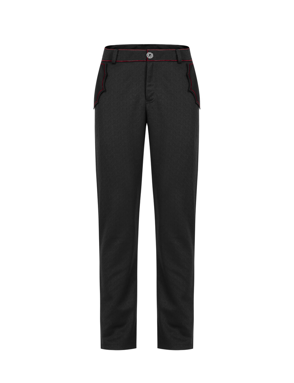 Men's tailored gothic trousers with bat embroidery, dark aesthetics, and subtle red stitching, perfect for edgy style.