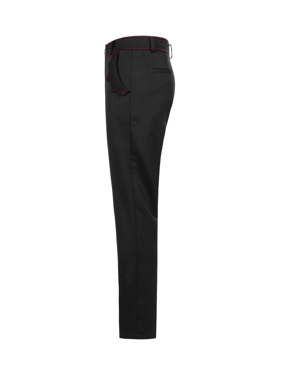 Men's tailored gothic trousers with embroidered bat accents, featuring dark fabric and contrasting red stitching.