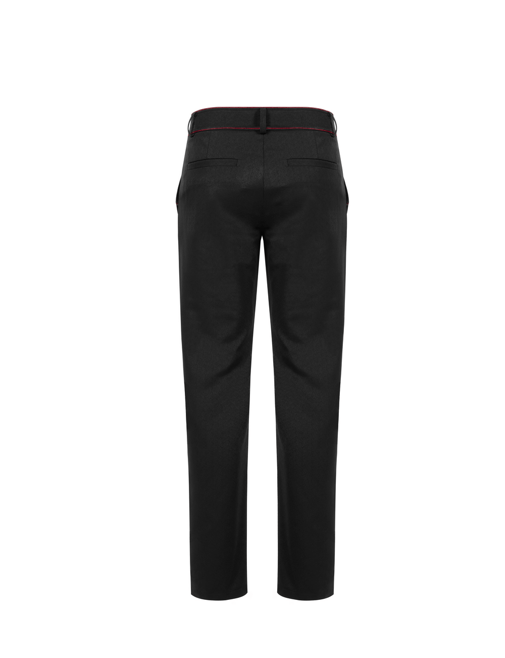 Back view of men's tailored gothic trousers with dark red embroidery and a sophisticated silhouette.