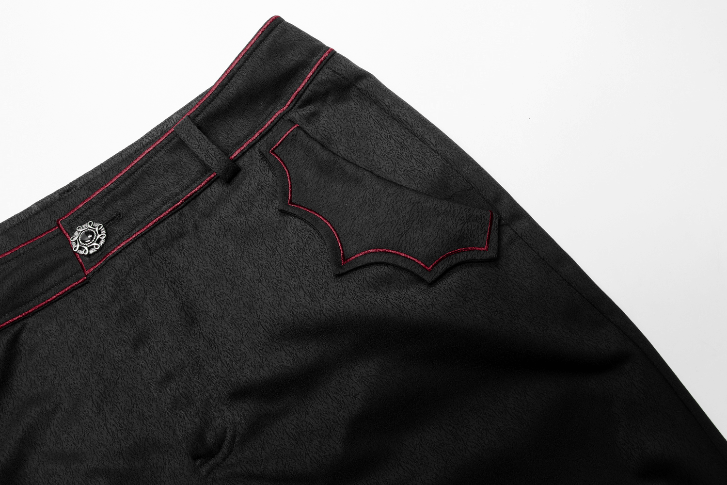 Men's tailored gothic trousers featuring bat-shaped embroidery and dark red accents on the pocket.