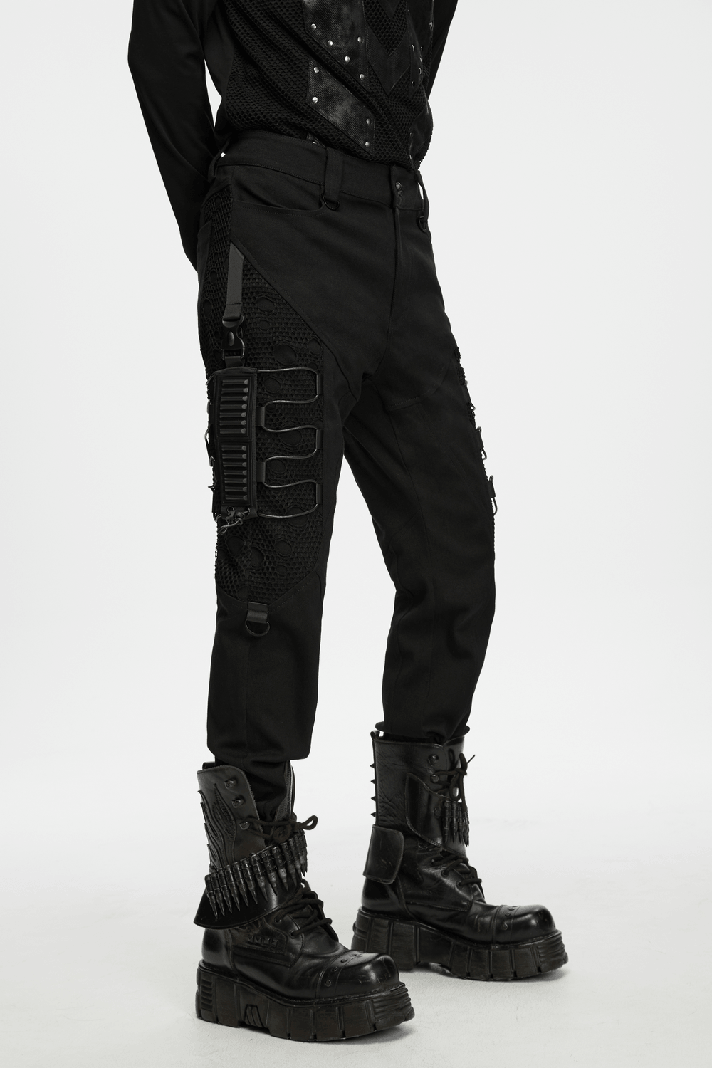 Men's Techwear Punk Trousers with Mesh Panels in black, featuring drawstring details, tactical pockets, and combat boots-ready streetwear style