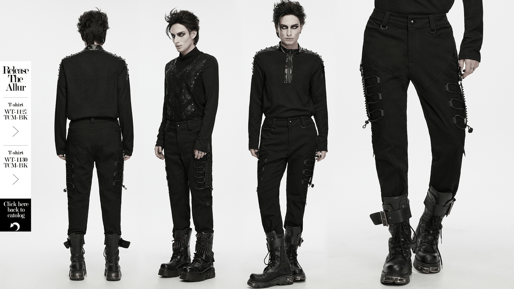Men's Techwear Punk Trousers with Mesh Panels black cyberpunk straight pants with drawstring details and combat boots