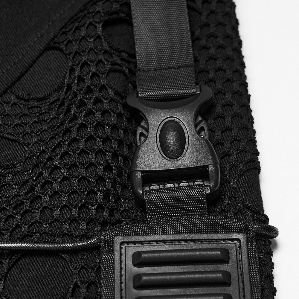 Men's Techwear Punk Trousers with Mesh Panels, close-up of black buckle and mesh streetwear detail