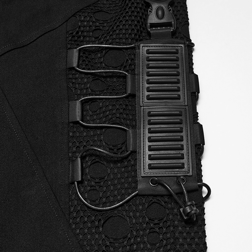 Men's Techwear Punk Trousers with Mesh Panels in black, featuring drawstring utility details and industrial streetwear accents