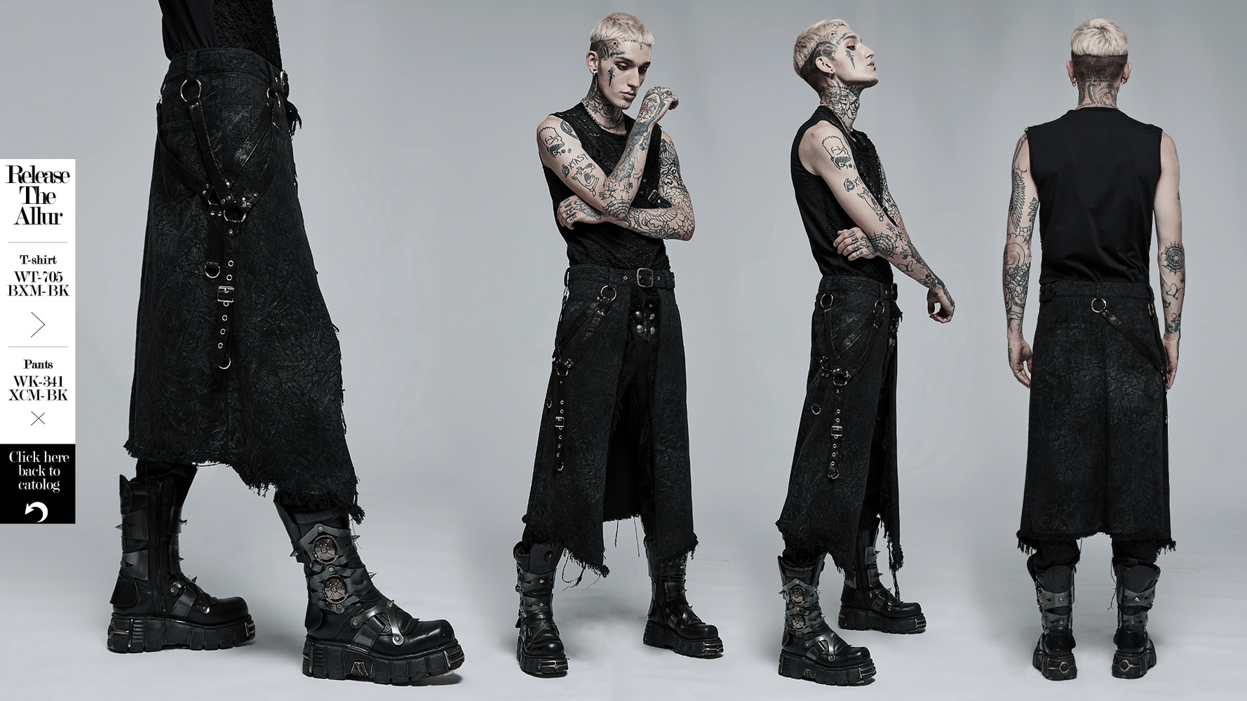 Men's textured gothic kilt on model, showcasing adjustable belt and stylish design with rugged charm.