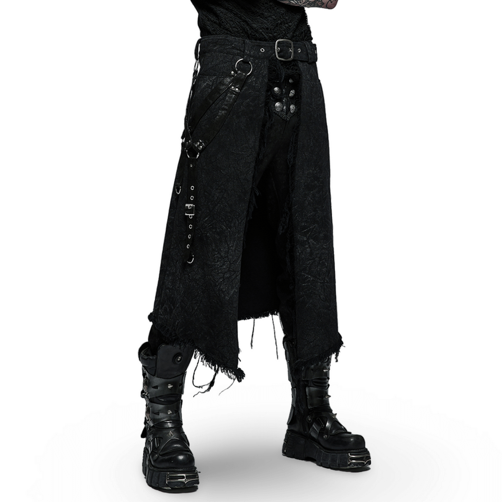 Men's textured gothic kilt with adjustable belt, showcasing a rugged design and stylish accents.