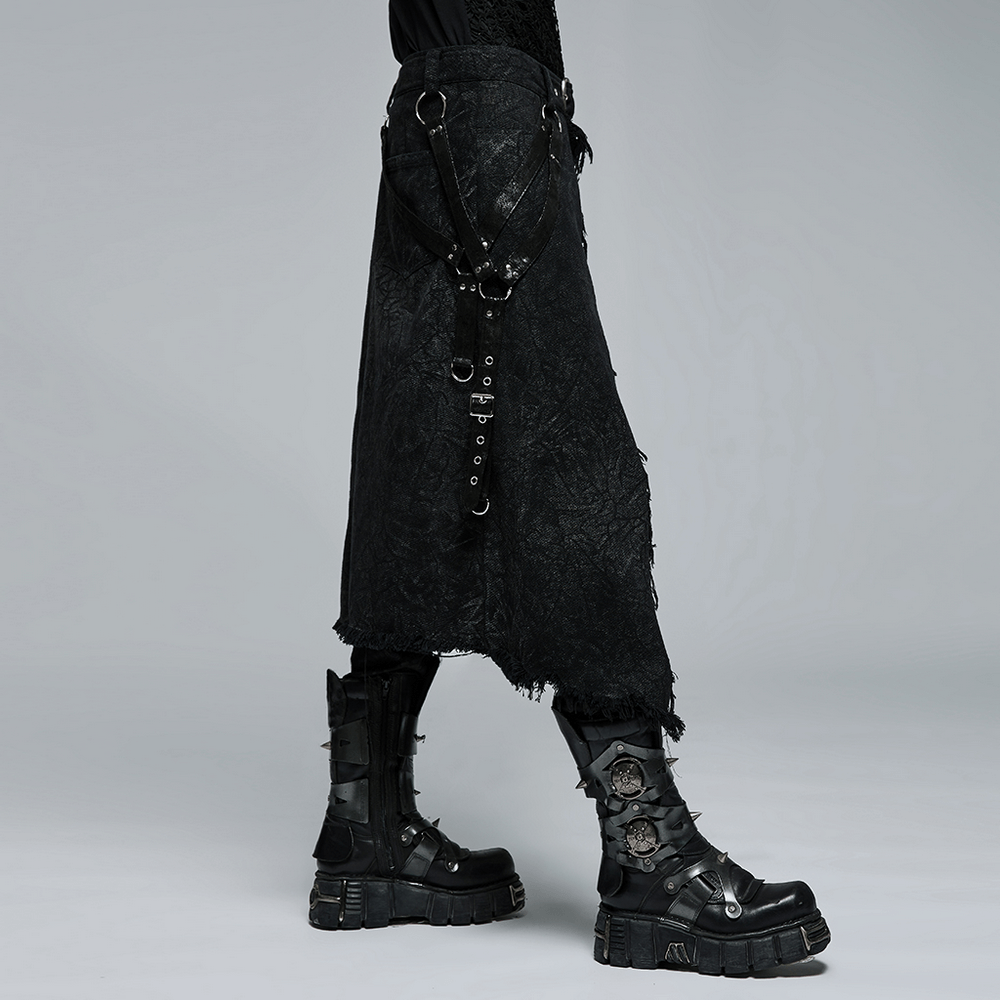 Men's textured gothic kilt with adjustable belt, paired with stylish chunky black boots.