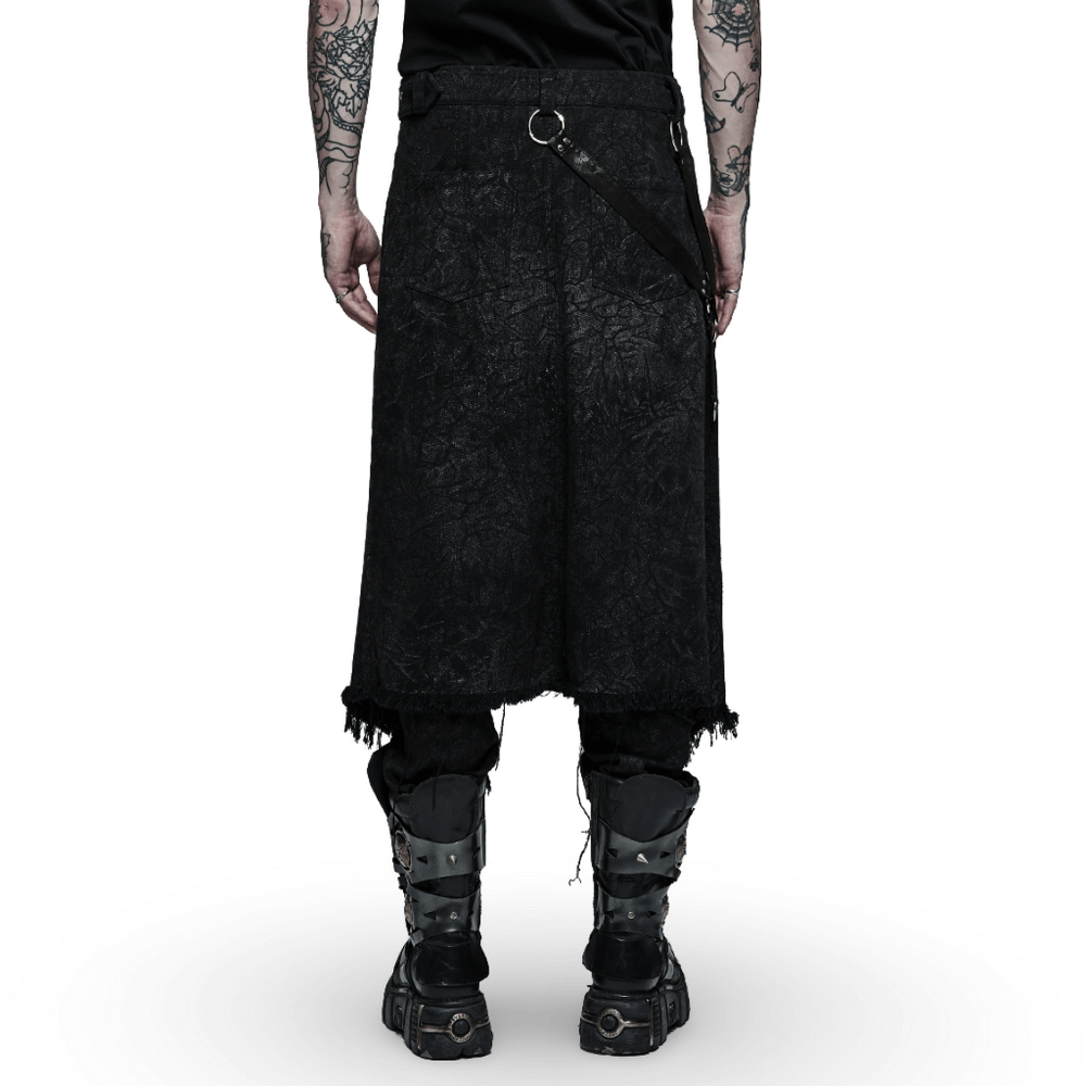 Men's textured gothic kilt with adjustable belt, showcasing rugged charm and stylish leather loop detail.